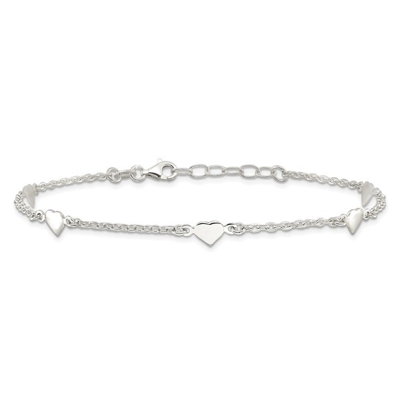 925 Sterling Silver 9" Polished Heart Charm + 1" ext. Summer Fine Jewelry Anklet - Picture 3 of 7